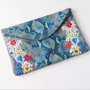 Anthropologie Leather Embroidered Snake-Printed Clutch